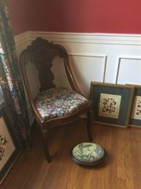 Antique side chair (4) and stool with needlepoint frog