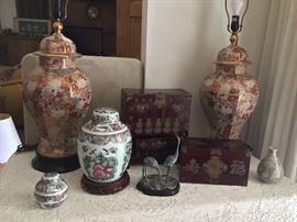 Lots of Asian items, including Kutani lamps, pottery, framed art work.
