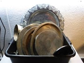 Tote full of vintage silver metal decor