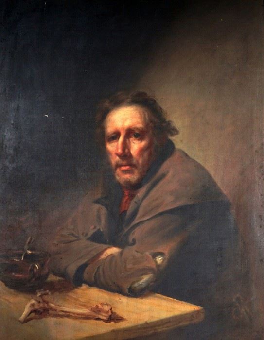 WALDO, Samuel Lovett, (American, 1783-1861):  Attributed, Portrait of "Old Pat", the Independent Beggar, similar to the portrait in the  Boston Athenaeum.  While unsigned on front  we do believe this to be a work of  Waldo's with the back of panel bearing this inscription " Copy of an original paint of the Independent Beggar by S. L. Waldo 1820, and presented by him to his friend Dort. (Dorothy?) Slocum, New York, Aug. 1829".  Painting represents a seated beggar (identified in other painting as "Old Pat", Patrick McGregor) with bowl of soup and bone, Oil/Panel, 20" x 16", framed 25.5" x 21.5".  Provenance:  Descended through the Slocum family until now offered.  Condition:  Minor spots of inpaint and paint spatter, frame in need of restoration.
