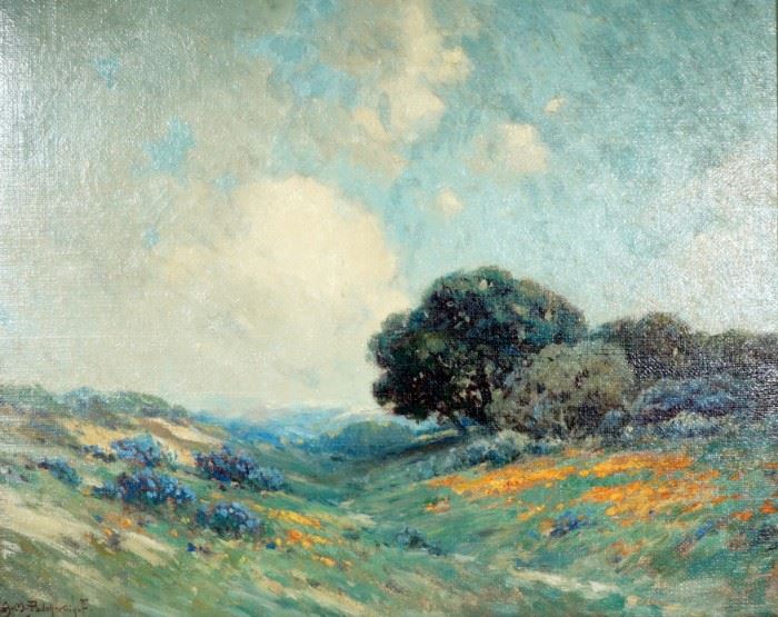 PODCHERNIKOFF, Alexis Matthew, (America/Russian, 1886-1933):  California valley landscape with poppies and lupine flowers, Oil/Canvas, signed lower left, 16" x 20", framed 22" x 26".  Condition:  Relined, chips to frame.
