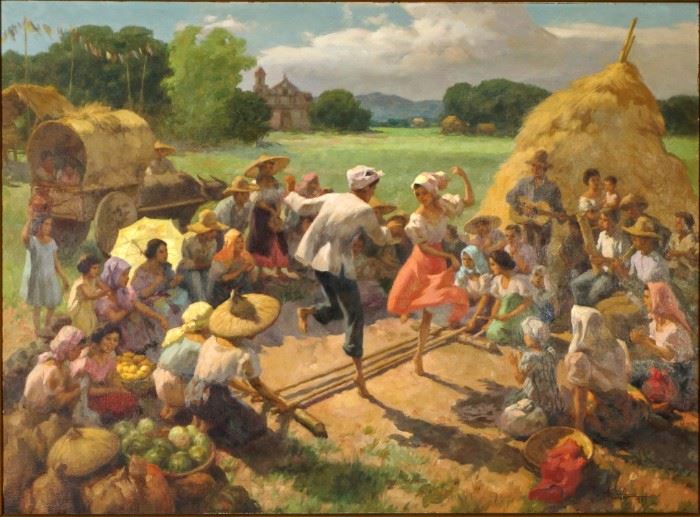 AMORSOLO Y CUETO, Fernando, (Philippines, 1892-1972):  "The Tinkiling Dance" scene of couple performing the tradition Philippines folk dance in front of small crowd in field landscape, Oil/Canvas, signed and dated 1957 lower right, 31" x 42", framed 48.5" x 37.5".  Provenance:  Purchased by Mildred Brockdorff directly from the artist in 1957.  Mrs. Brockdorff worked for the State Department in the Philippines at that time.  Descended to her daughter in the 1980's, then to her daughter in 2011.  This painting has never been offered in the open market and is truly a fresh find.  Hand written letter of provenance by the granddaughter is provided. Condition:  Minor spotting verso.
