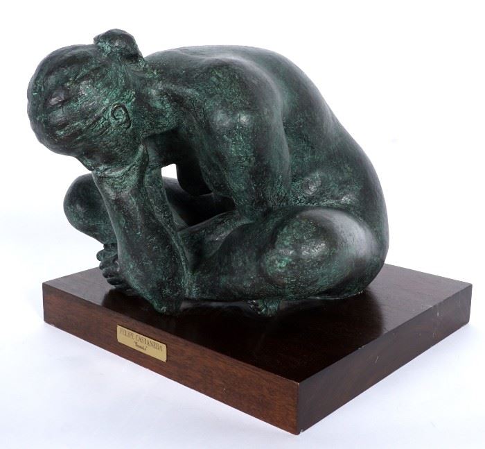 CASTANEDA, Felipe, (Mexican, 1933-):  Figure of a nude seated woman hunched over with head resting on one hand, titled "Desnude", Bronze, signed and dated 1980, affixed to wood plinth with plaque, overall measures 13.5" h. x 15" x 17".   Sold with copies of original 1987 receipts from Heritage Gallery in Los Angeles.
