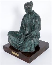 CASTENADA, Felipe, (Mexican, 1933-):  Figure of a seated woman in robe, Bronze, signed and dated 1980, number 5 from an edition of 7, affixed to wood plinth with brass plaque, 16" h. x 11.25" x 11".   Sold with copies of original 1987 receipts from Heritage Gallery in Los Angeles.
