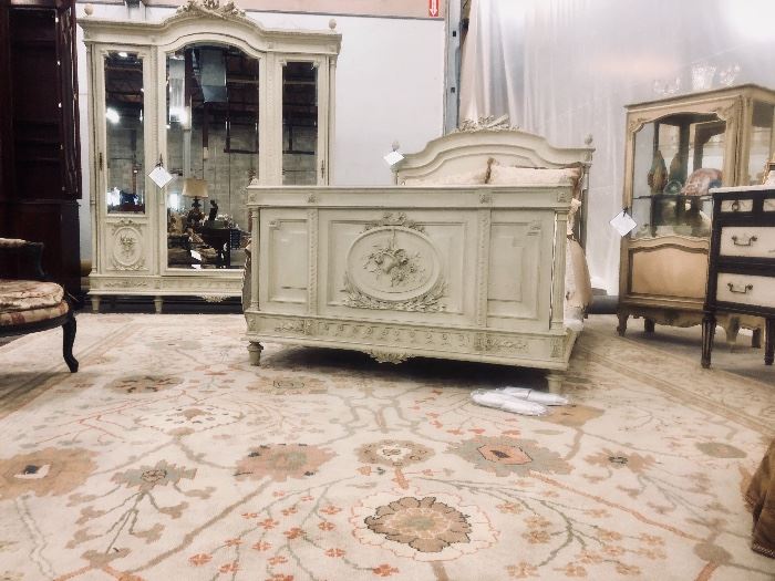 French painted Bed and Armoire in Louis XVI style, circa late 1800’s. Purchased from Fireside Antiques in 2005. Armoire is 96 1/4” H x 76 3/8” W x 20” D. The bed headboard is 62 3/4” H x 61 1/4” W and the footboard is 37” H