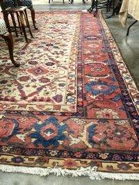 Beautiful camel colored background, room size antique Persian Sultanabad Rug- Circa early 1900's, 3 banded border with red and blue. This rug has a powerful symmetry. 10'5" x 13' 7"