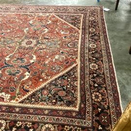 Rug is an Antique Ziegler Mahal done in vegetable dyed colors of navy, light blue, green, cream and also cinnabar with accented corners. Ziegler denotes design rather than tribe or region. 10'7" x 14'.    