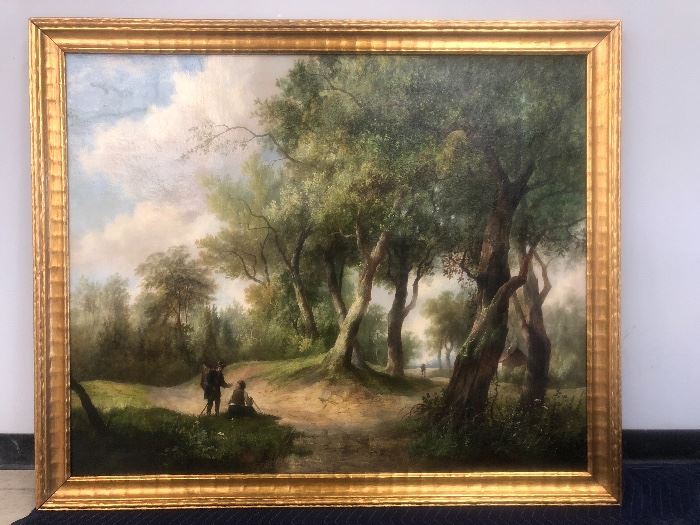 " Forest Landscape with Travelers"  by  Hendrick Pieter Koekkoek. The idyllic scene is romantic in mood, yet a confident brushstroke defines the composition. Koekkoek was a member of one of the most artistically prolific families of modern times, a family that began work in the 18th Century.