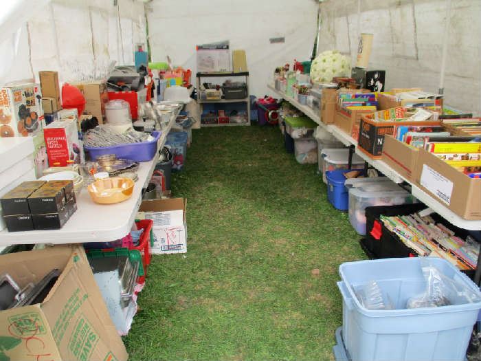 TENT #1-COOKWARE, BAKEWARE, BEANIE BABIES, BOOKS, HOLIDAY, BARBIES