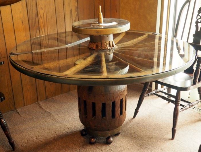 Custom Wood Wagon Wheel Table With Working Lazy Susan, Approx. 43" x 52"