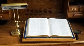 Heirloom Family Bible From Masonic Lodge, Desk Lamp, Bible Stand And Antique Magnifying Glass