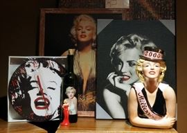 Marilyn Monroe Collectibles Including Cookie Jar, Ornament, Wall Clock, Wine Bottle, Postcards, Prints And More