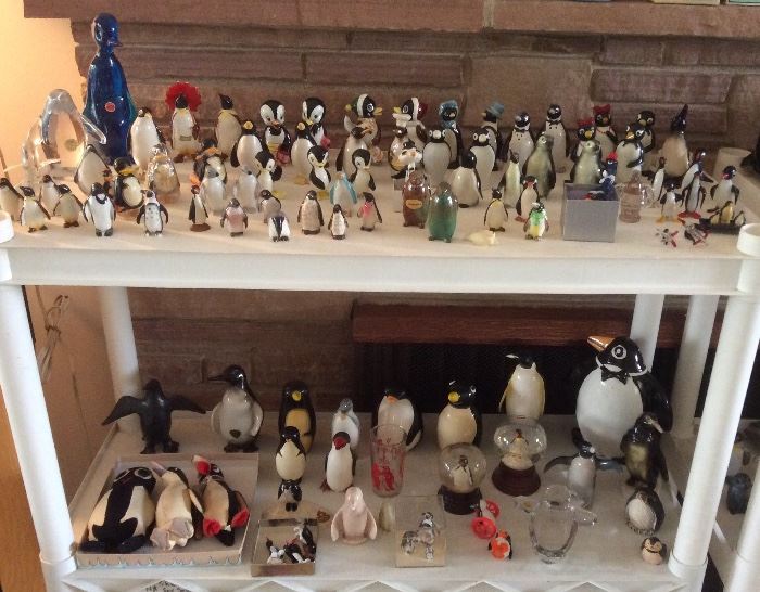 Just some of the MANY penguins - 250+ pieces total. They collected for 75+ years. Ceramic, glass, wood, metal & more. We have book ends, salt & pepper shakers, snowglobes, ramp walkers, vintage stuffed animals & more. Makers include Howard Pierce, Ceramic Arts, Harlequin, Kay Finch, Arcadia, even Steiff!