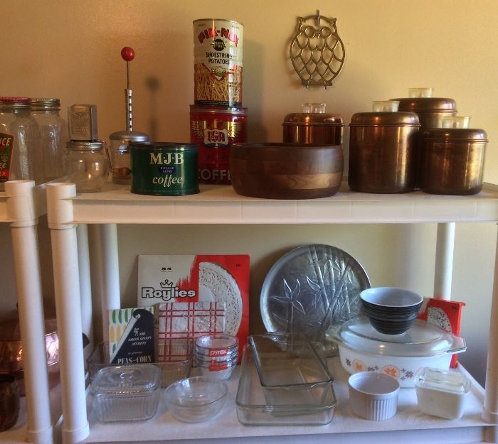 Coffee cans, chopper jar, Revere Ware copper canister set, fridge dishes, Pyrex, aluminum tray & more
