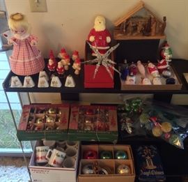Vintage Xmas: angel music box, ceramic bells, figural candles incl. tall Santa w/ box, figural bulbs (some work), wooden Nativity set, boxed glass ornaments, ice lights, set of 12 Tom & Jerry/egg nog mugs, angel chimes