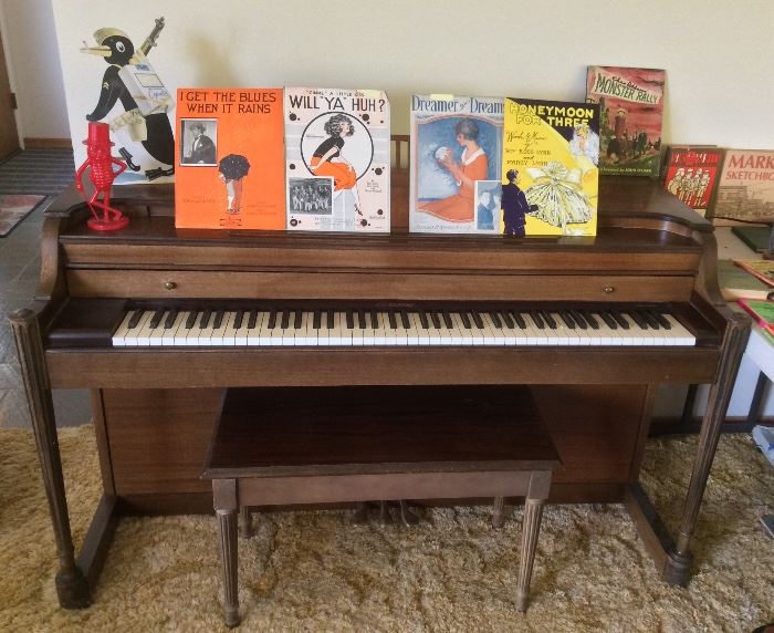 1946 Baldwin Acrosonic mahogany spinet piano with bench (piano is 36" high, 59" long), some of the vintage sheet music, Planters peanuts bank & WWII-era Kool cigarettes advertising display with penguin