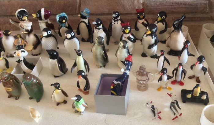 Penguin salt & pepper shakers by Ceramic Arts & more, Willie & Millie/Kool cigarettes plastic S & P sets, small glass penguins