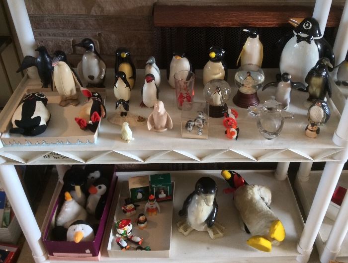 Vintage penguin wooden nesting doll, glass snow globes, Royal Dux penguin, penguin Xmas ornaments, stuffed penguin toys