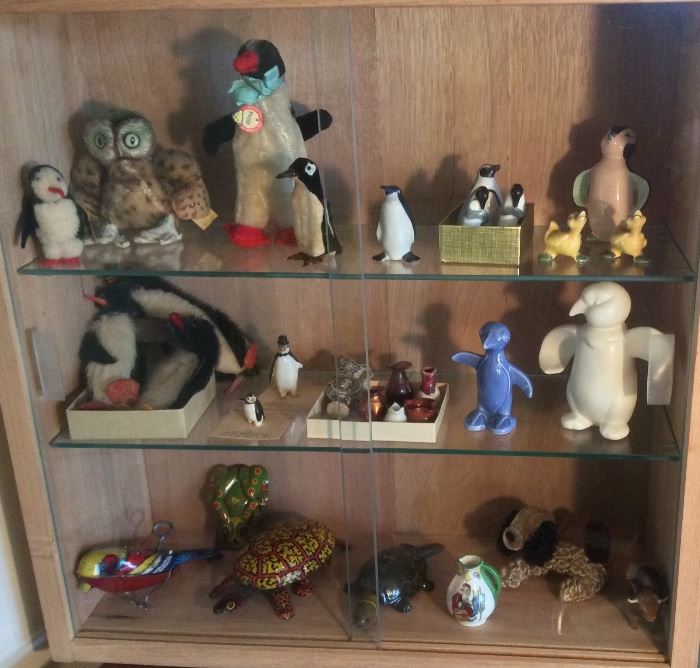 Better penguins include Steiff "Peggy" (+ Steiff owl), other penguins by Arabia, Royal Doulton, Kay Finch & Arcadia. Also tin litho walking bird toy & turtles, mini Royal Doulton Santa pitcher