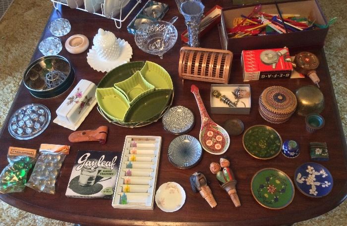 Fiower frogs, Chinese cloisonne pieces, green ceramic lazy susan set, coasters & more