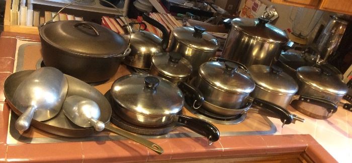 Pots & pans incl. Revere Ware, Lodge cast iron Dutch oven, metal scoops