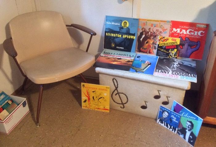 Viko Baumritter swivel chair, vinyl record chest with musical notes, a few of the records. Genres incl. classical, show tunes, Bavarian, swing, 45s & more