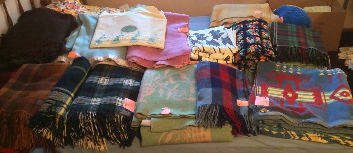 Vintage wool blankets & throws (some Pendleton), crocheted afghan, penguin sheets