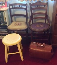 Embroidered seat chairs, painted stool, leather satchel