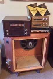 One of two 1957 JBL/Jim Lansing D130 speakers in vintage wood cabinets - plus Heathkit AM & FM tuners & Heathkit clock radio, GE tabletop radio