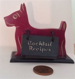 Mini Bakelite Scottie dog cocktail recipe holder (note penny for scale)