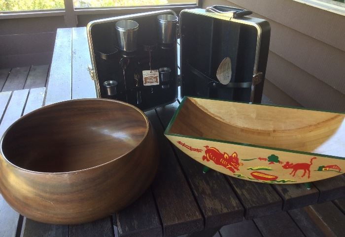 14" Hawaiian koa wood bowl, new-old-stock travel bar kit, kitschy wooden "trough" bowl