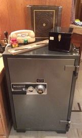 Intersec safe (21" x 22" x 36" tall) with combination & keys, Princess dial phone, vintage waste basket, one of several wood boxes filled with glass slides