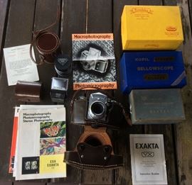 Vintage Exakta VX camera kit with rare P. Angenieux Type R1 Retrofocus lens, original box & paperwork + extras including Kopil Bellowscope & microscope adapter 