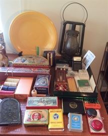 Fiesta 14" yellow chop plate, No. 0 Clipper lantern, transistor radios, vintage tins, small games, poker chips & dominoes & more