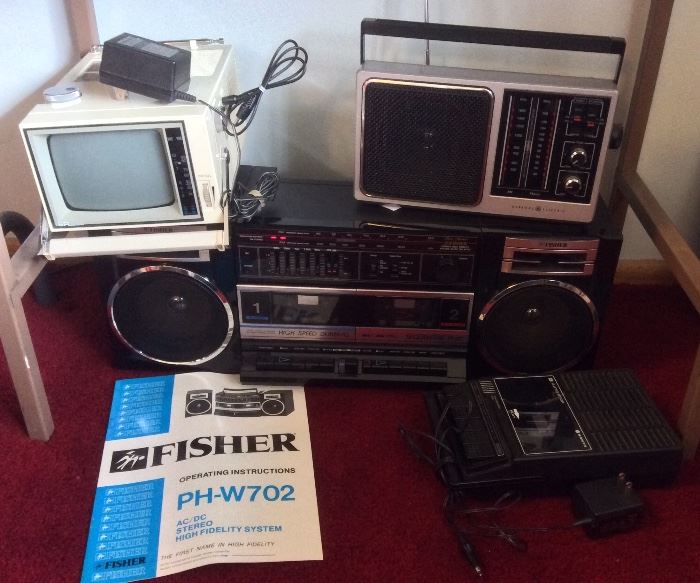SR2000 mini TV/radio, Fisher boom box with dual tape player, Sanyo tape recorder, GE radio