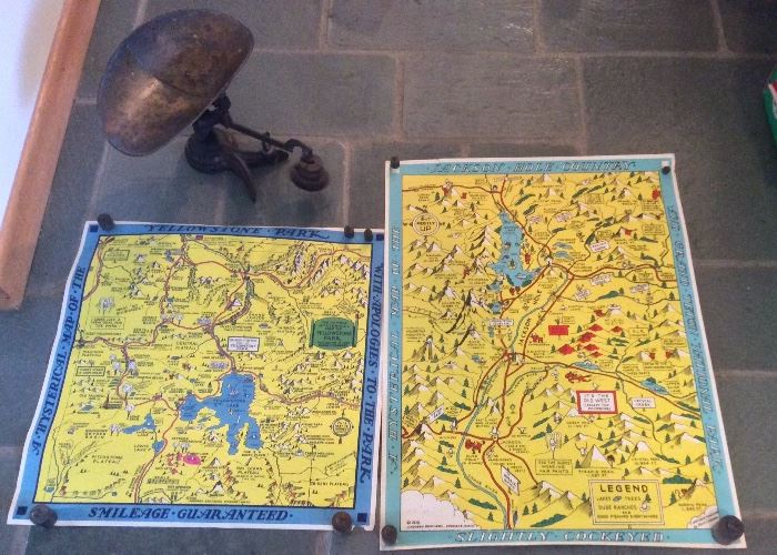 Last minute finds: old cast iron scale, 1930s Lindgren Bros. comical maps (Yellowstone & Jackson Hole)