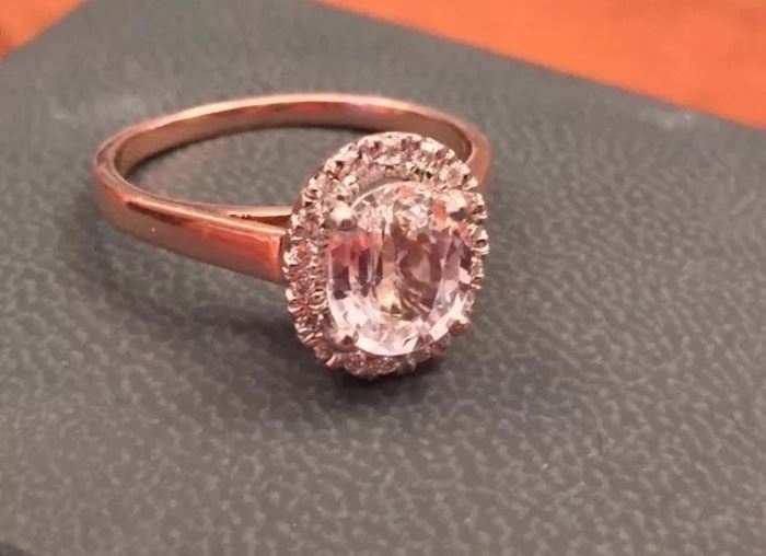 14kt two tone diamond and pink sapphire ring