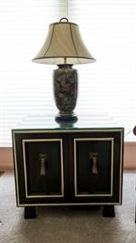 Widdicomb cabinet table with glass top and table lamp w/ fruit decoration