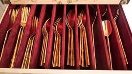 Vintage SUPREME VERMAI GOLDEN CANE (BAMBOO) 23 KARAT GOLDPLATING OVER STAINLESS STEEL—8 PLACE SETTINGS WITH SERVING SPOONS AND FORKS 