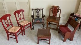 Assorted child-size table and chairs and antique stool, includes alphabet armchair