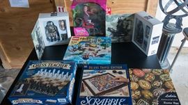 Various games and MK2 Berties, Barbie 's friend Becky the Photographer with wheel chair, Legos, Easter Egg kit