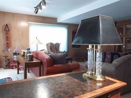 Waterford Crystal Desk Lamp with leather shade, sofa table, assorted Decoratieve Birdhouses, Planter and Stands, Smith and Gaines, Ltd Leather sofa, Southwest style Wingback armchairs, lots of beautiful pillows