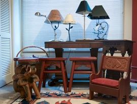 Assorted table lamps, chairs, stools dining tables and side tables/stands