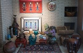 "Yei" (Corn Maidens)  rugs, large baskets, 42 x 59" Turkish Rug, large artist made ceramic bowl,  Kokopelli Metal Sculpture, Decorative Birdhouses, Unique Planters and Stands, Pair of Drum Tables, unusual Elephant side tables, Birch Bark drums etc
