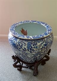 Blue and White with Gold detail Large Porcelain Jardiniere Fish Bowl Planter (painted koi interior) and 4-legged stand