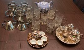 Michael Graves Glass and Stainless tea/coffee mugs, creamer and sugar bowl with spoon, miniature sterling teas set, miniature cloissonnée tea set, Blue and White Wedgwood Jasper teapot, Glass Russian Tea Cups