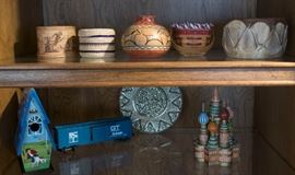 Russian Birch Bark basket, small woven nesting baskets and decorated gourd baskets, small wood drum, baskets, Russian birdhouse, Grand Trunk Lionel Train -Artrain edition, miniature St. Basil's Cathedrals