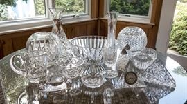 Waterford crystal-assorted bowls, vases, salt & pepper, sugar bowl with creamer, candle holders, napkin holder etc.