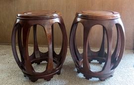 Pair of Carved  Wood Barrel Drum Stool Table Planter Stands