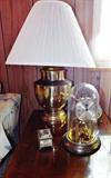 Brass lamp, side table, anniversary clock